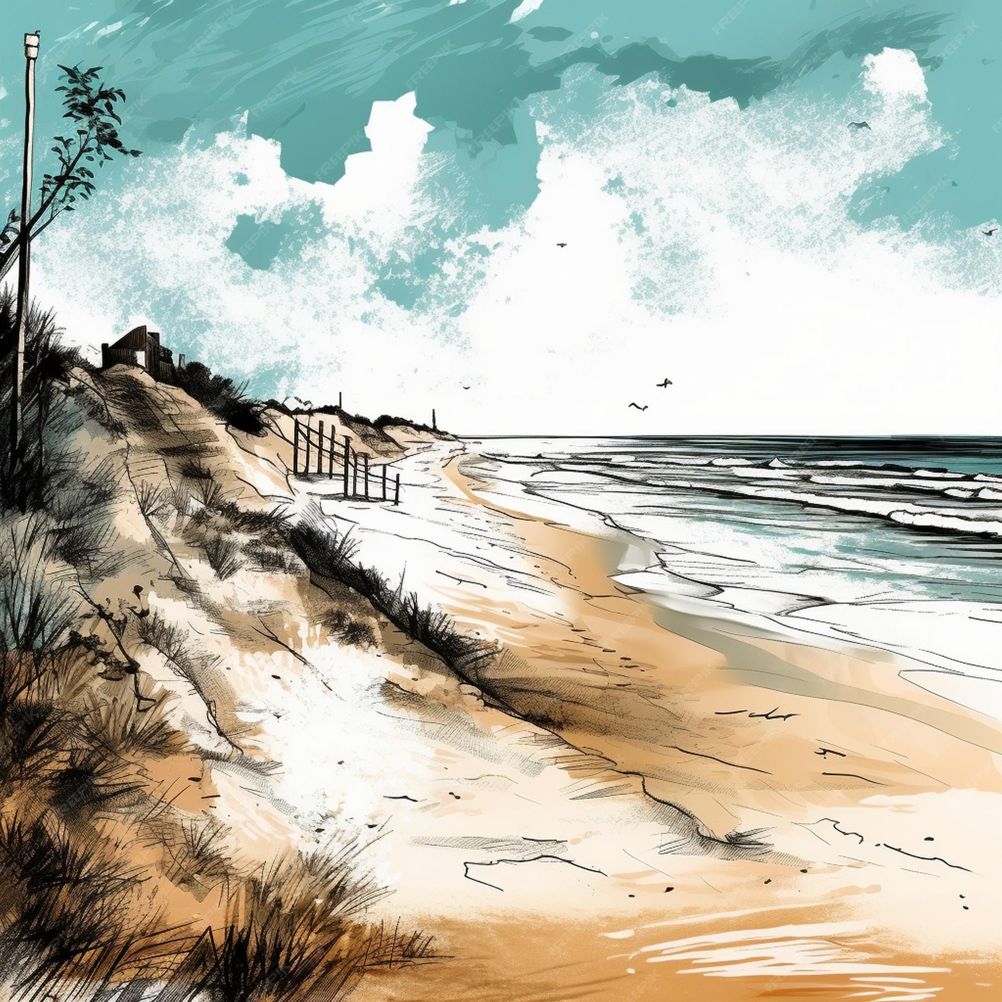 Premium AI Image a drawing of a beach scene with a beach and a beach