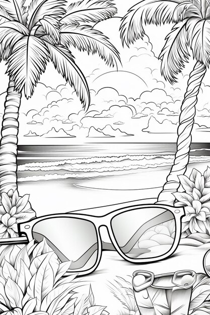 a drawing of a beach scene with a pair of sunglasses and a beach chair generative ai