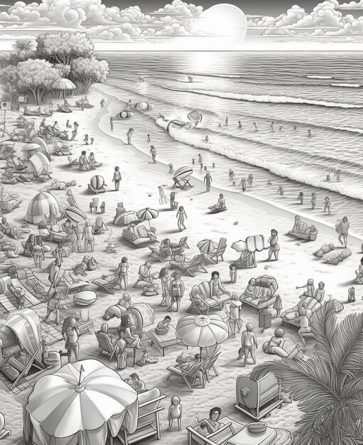 a drawing of a beach scene with people on the beach.