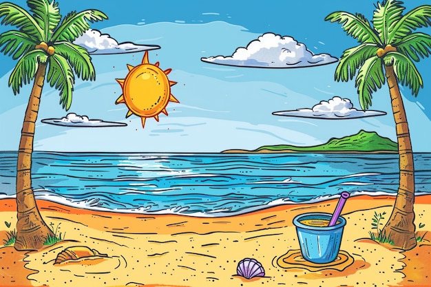 Foto un disegno di una spiaggia con un sole di cartone animato e palme