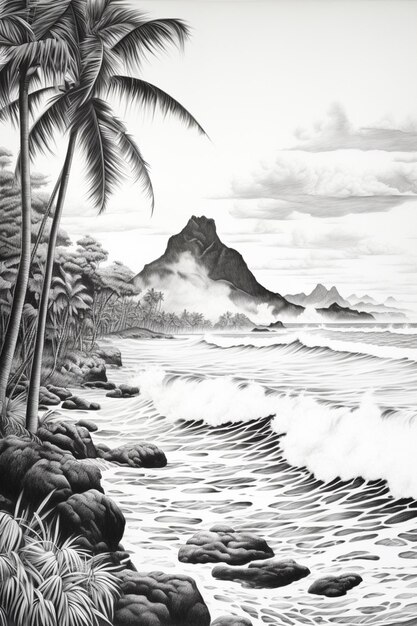 a drawing of a beach with palm trees and rocks generative ai