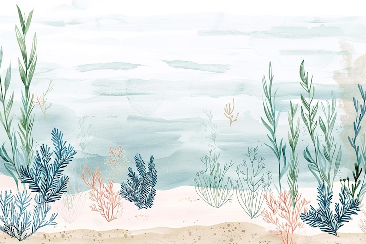 Photo a drawing of a beach with seaweed and corals