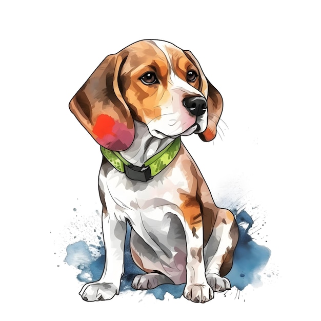 A drawing of a beagle dog with a red tag on its collar