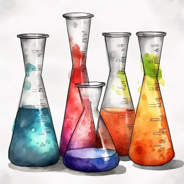 A drawing of a beaker with different colored liquid in it.