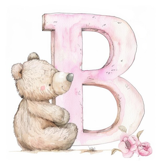 Photo a drawing of a bear and a letter b with flowers in the background