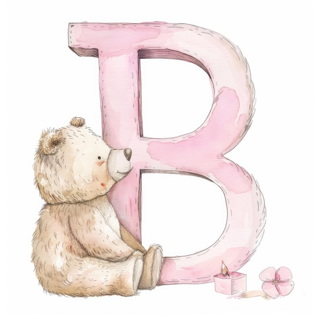 Photo a drawing of a bear and a pink letter b