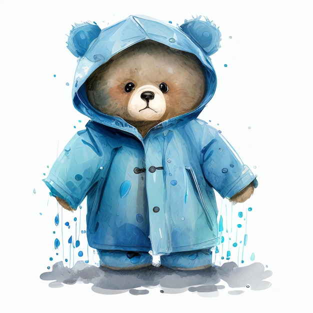 Drawing bear raincoats in the rain watercolor Generative AI