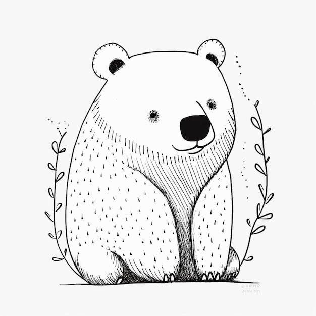 草の中に座っているクマの絵その後ろに茂みがある