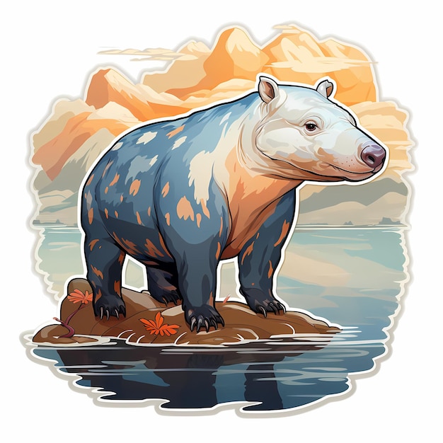 a drawing of a bear on the water with a sky background.