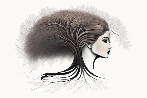 Photo a drawing of a beautiful woman merging with a stylized tree generative ai_10