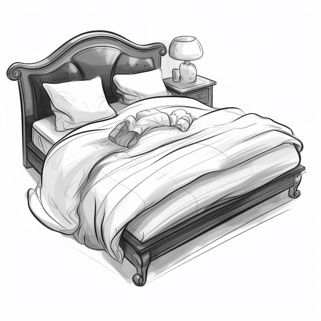 Photo a drawing of a bed with a pillow and a night stand generative ai