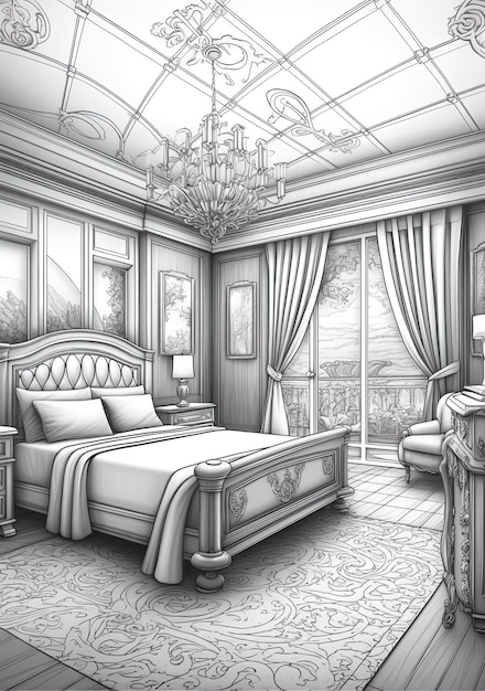 a drawing of a bedroom with a bed and a chandelier.