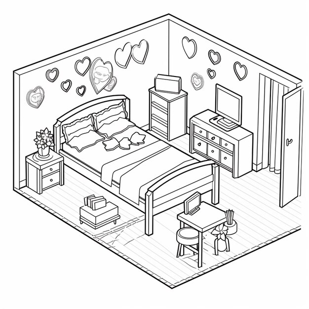 a drawing of a bedroom with a bed generative ai