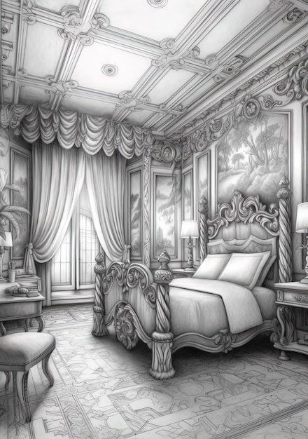 a drawing of a bedroom with a bed and a lamp.