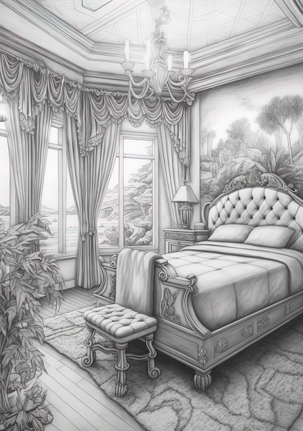 a drawing of a bedroom with a bed and a window.