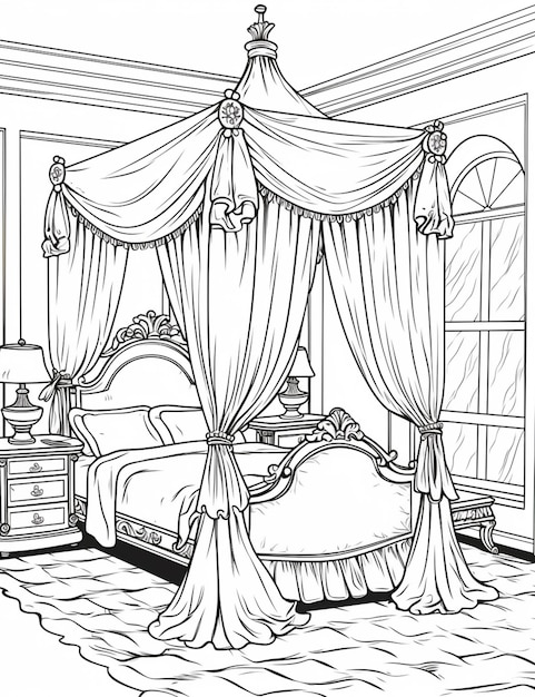 a drawing of a bedroom with a canopy bed and a dresser generative ai