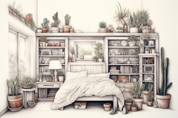 Drawing of a bedroom with a messy bed