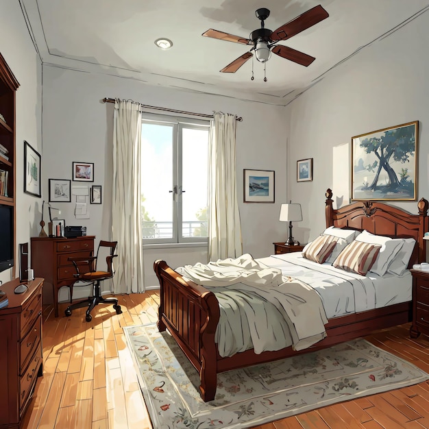 木製ベッドと壁にランプのある寝室の絵。