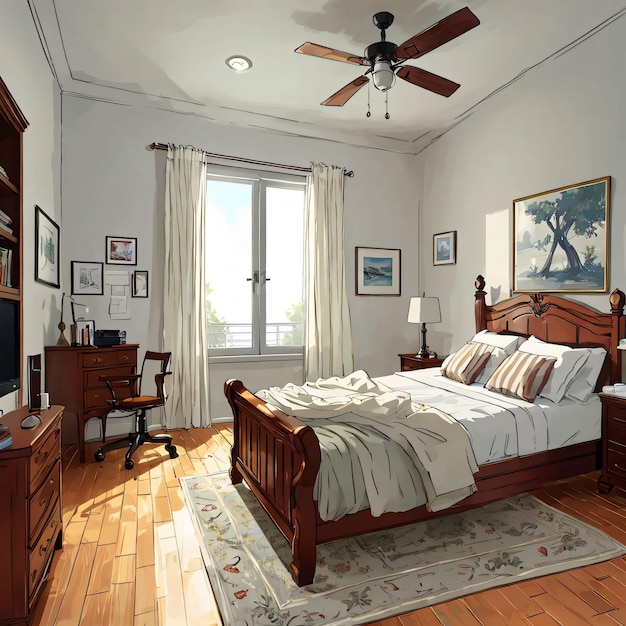 A drawing of a bedroom with a wooden bed and a lamp on the wall.