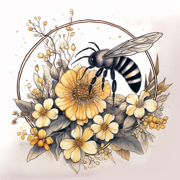 A drawing of a bee and a circle of flowers