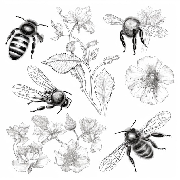 Photo a drawing of a bee and flowers with a bee on it generative ai