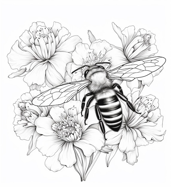 Photo a drawing of a bee with flowers in the background generative ai