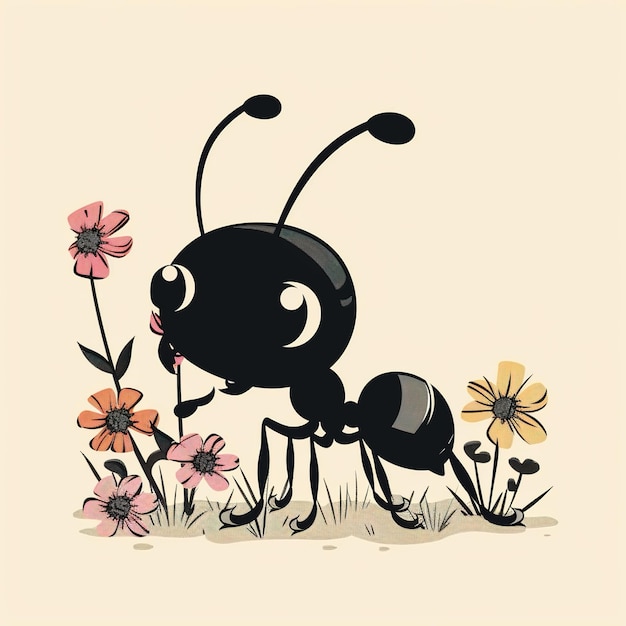 Foto un disegno di un'ape con fiori e un insetto