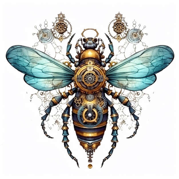 A drawing of a bee with gears and gears on its back generative ai