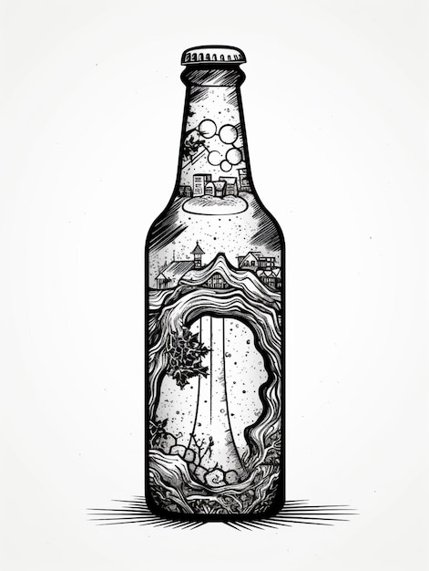 Foto un disegno di una bottiglia di birra con il disegno di un'onda che ne esce