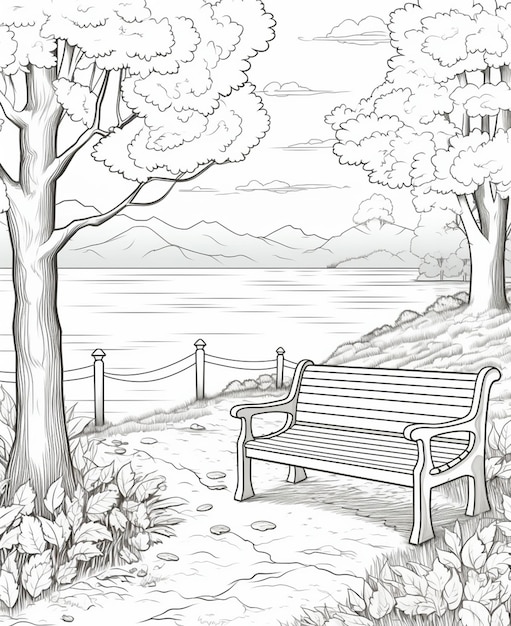 Photo a drawing of a bench sitting on a path near a tree generative ai