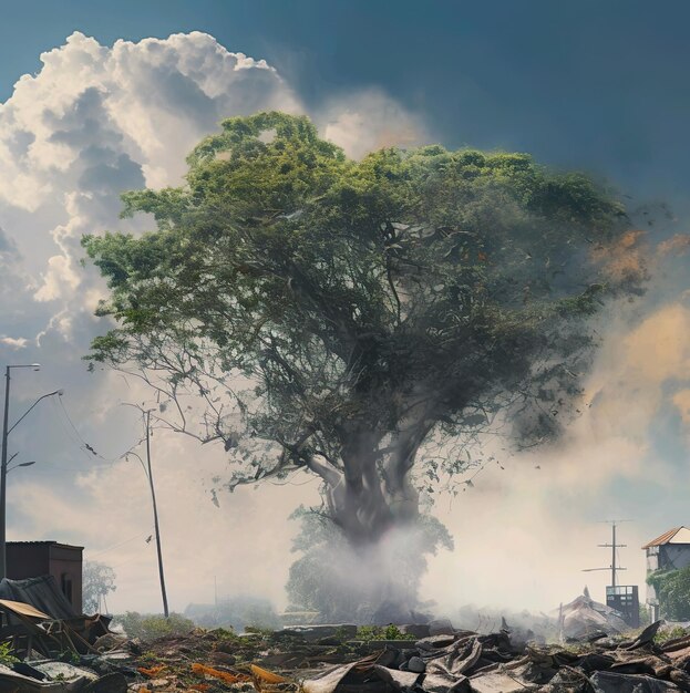 Drawing of big tree with smoke around it at abandoned Building