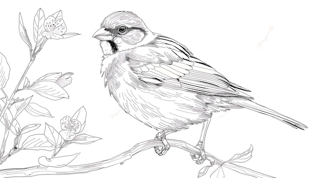 花と鳥がついた枝の上の鳥の絵