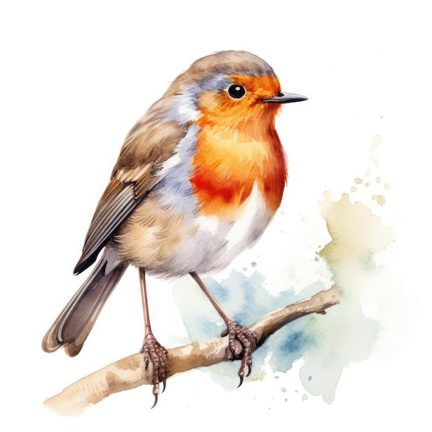 a drawing of a bird on a branch with a watercolor background