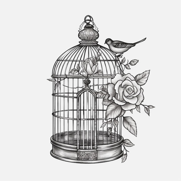 a drawing of a bird in a cage with a rose generative ai