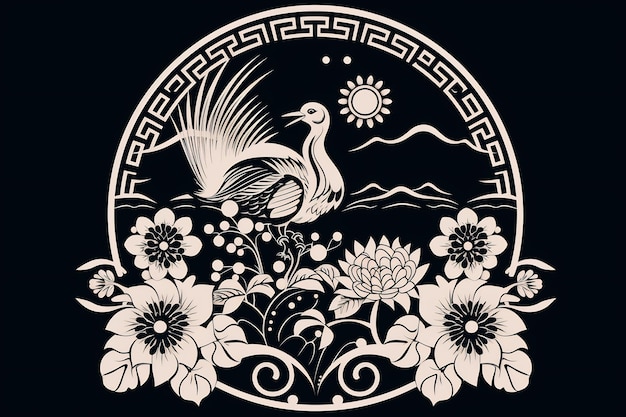 a drawing of a bird and flowers with a bird on the top