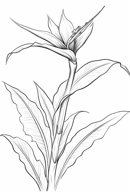 Photo a drawing of a bird of paradise flower with leaves generative ai