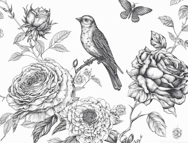 A drawing of a bird and roses.