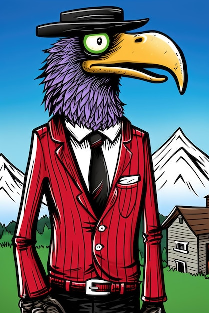 A drawing of a bird wearing a suit and tie