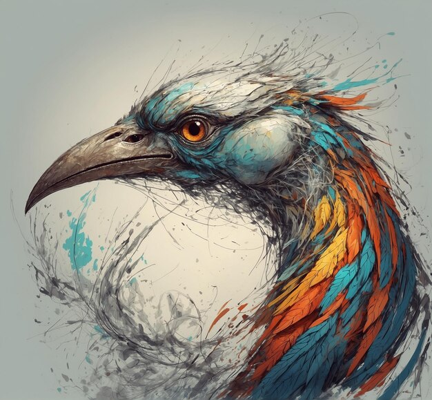 a drawing of a bird with blue and orange feathers