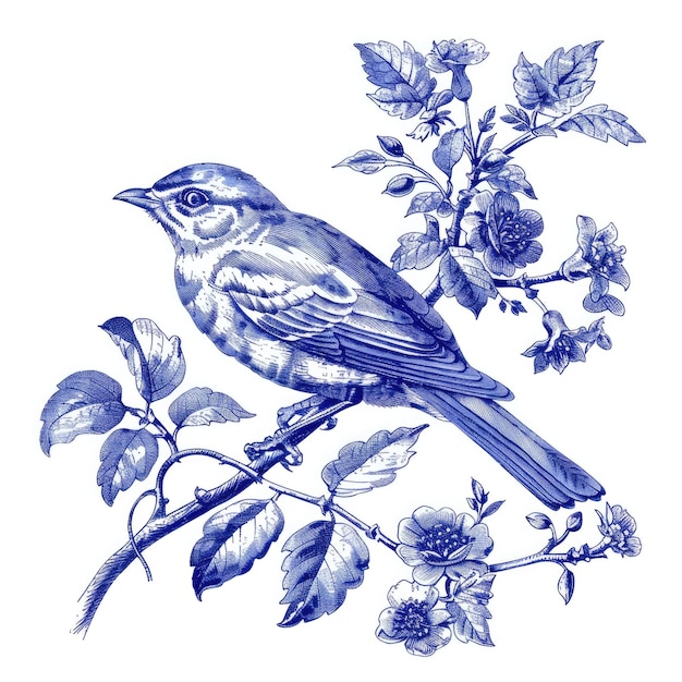 a drawing of a bird with blue and white on it