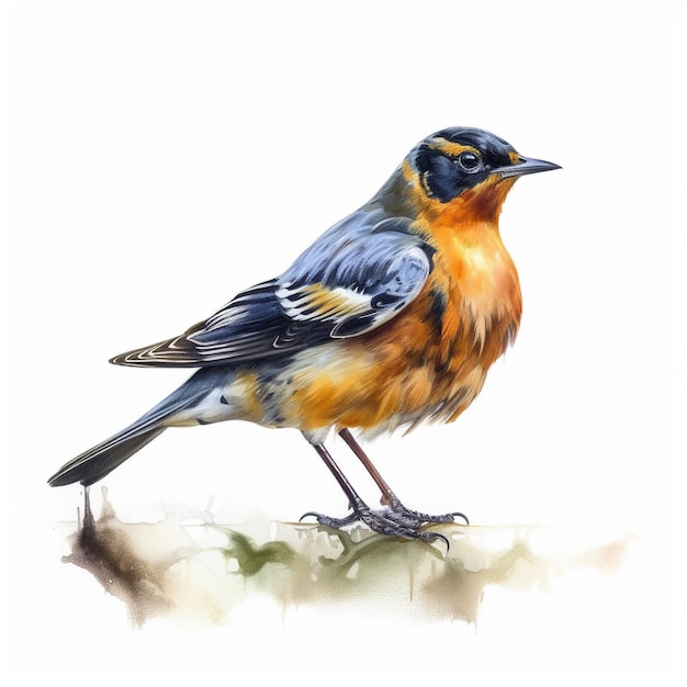 a drawing of a bird with blue and yellow feathers.