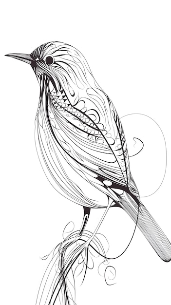 A drawing of a bird with a feather in the middle.