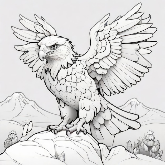 a drawing of a bird with a mountain in the background