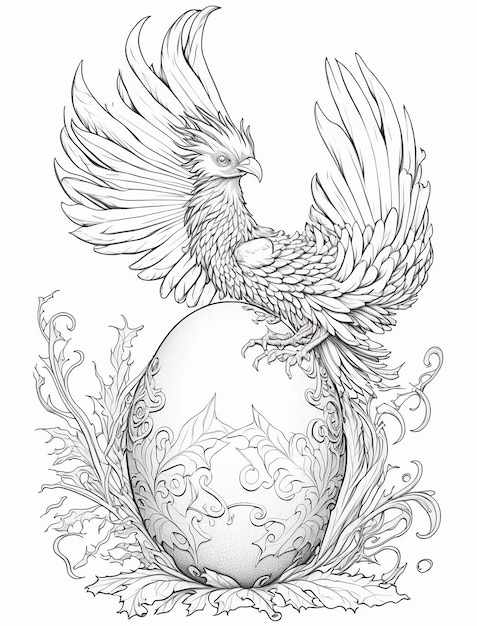 A drawing of a bird with wings on an egg.