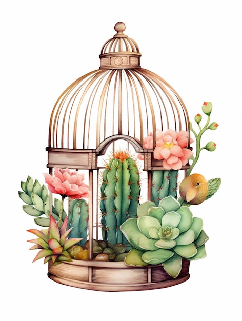 a drawing of a birdcage with flowers and plants.