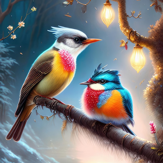 drawing of birds in the winter forest