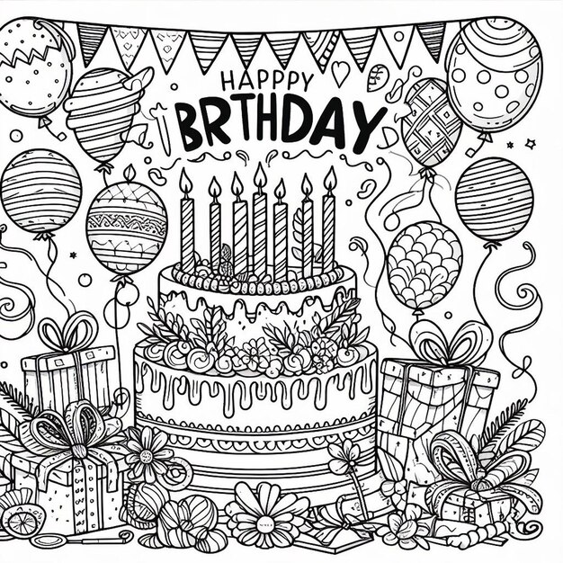 Foto un disegno di una torta di compleanno con una scatola di decorazioni di compleanno su di essa