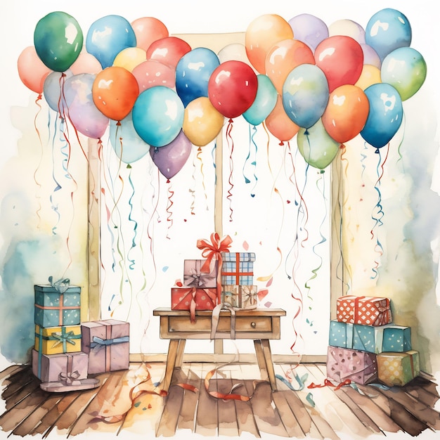 a drawing of a birthday gift with balloons and a box of presents