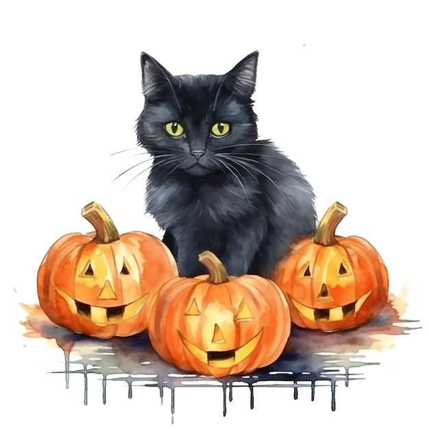 A drawing of a black cat sitting next to pumpkins