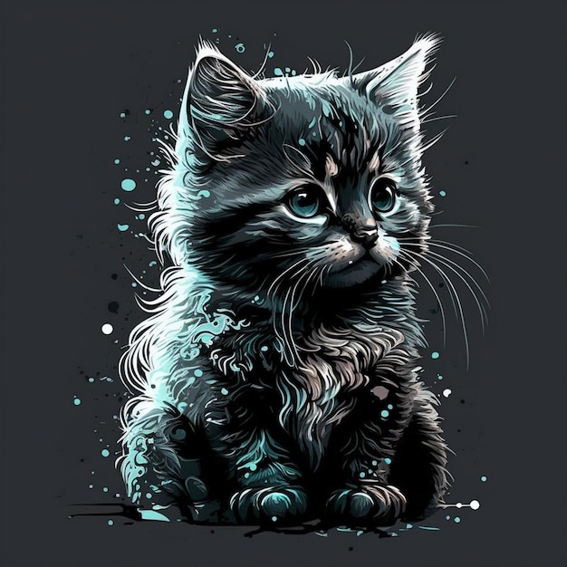 A drawing of a black cat with blue eyes and a black background.